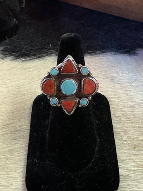 Turquoise/Coral Swirl Ring ~ Adjustable