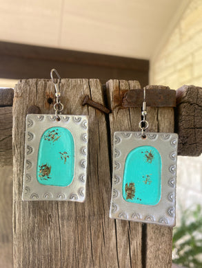 Turquoise Stone-Silver Leather Earring