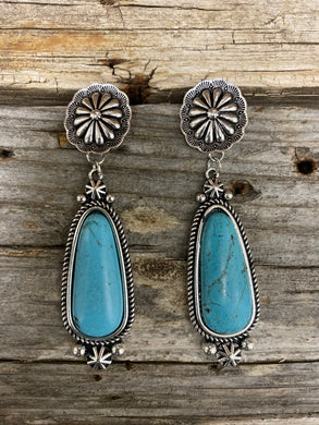 Turquoise On Silver Concho Earring