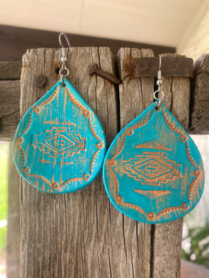 Teal Aztec Leather Earring