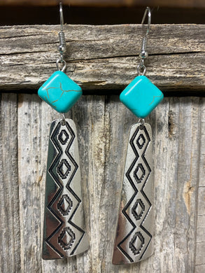 Silver Stampled Elongated W/Turquoise Earring