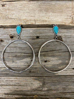 Large Burnished Silver W/Turquoise Hammered Hoop Earring
