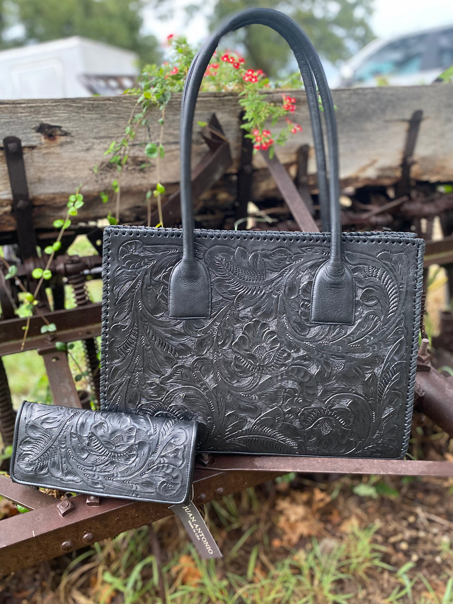 Black tooled leather online purse