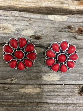 Burnished Silver W/Red Flower Earring