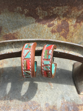 Mosaic Hoop Earrings (Red/Turquoise/Brown Border)