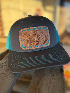 Charcoal/Turquoise - Floral Turquoise Buck Stitch Cap