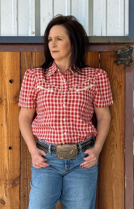 Gingham Pearl Snap Top - Red