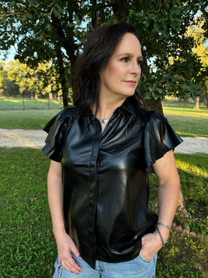 Black Ruffle Pleather Top