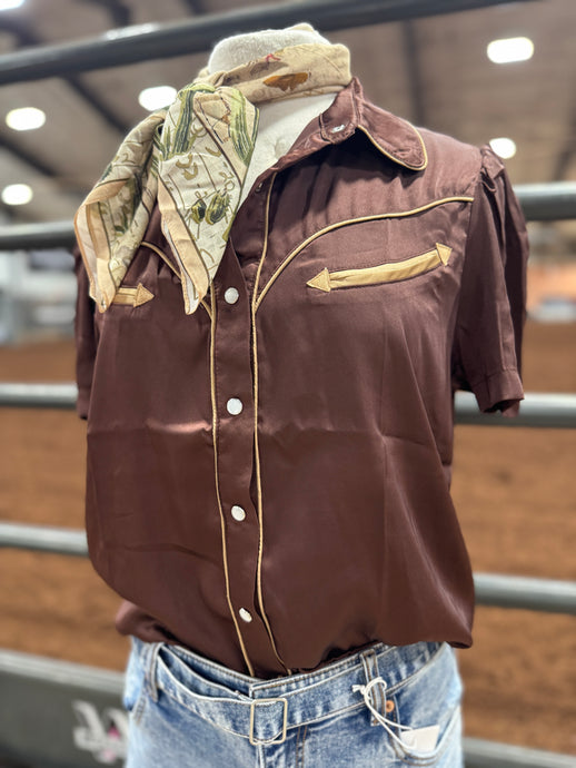 Brown Satin Pearl Snap Top