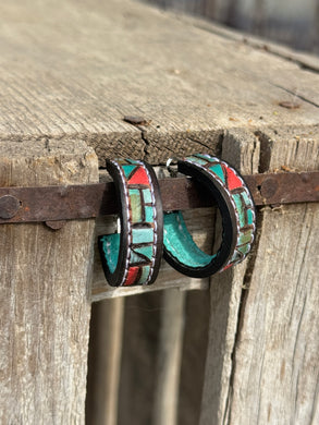 Mosaic Hoop Earrings (Red/Turquoise/Black Border)
