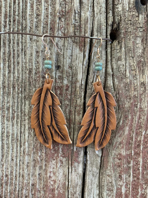 Tooled Double Feather W/Turquoise Earrings-15785
