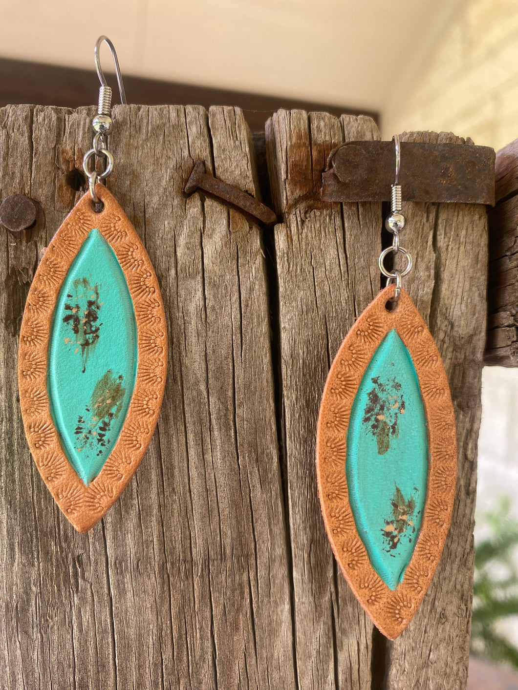 Turquoise/Natural - Small Oval Leather Earring