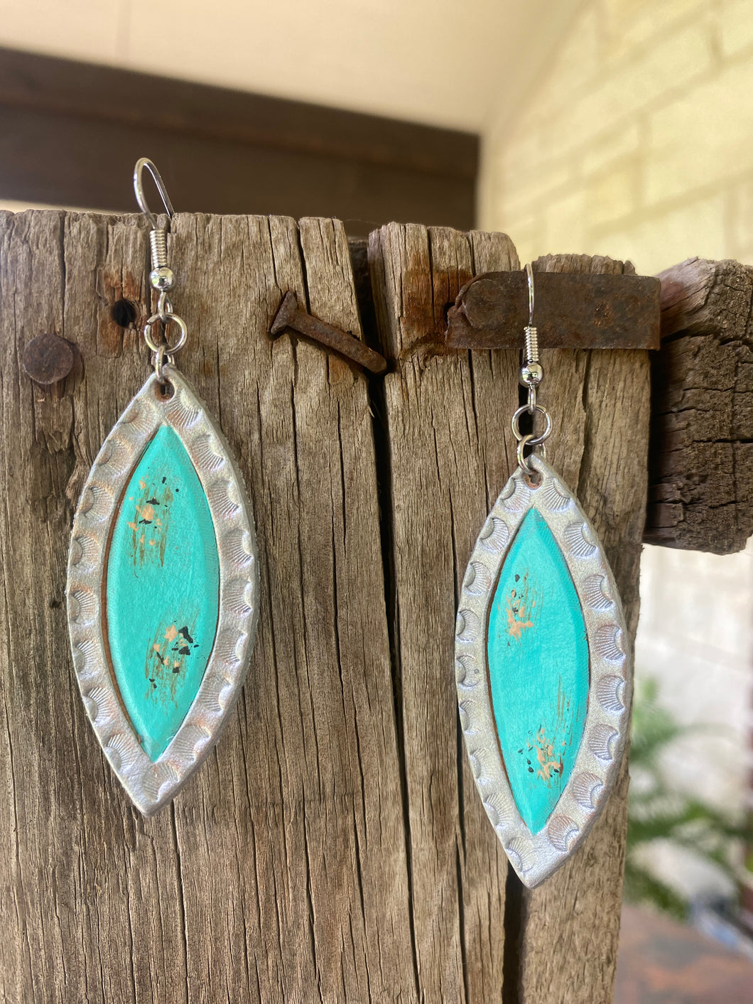 Turquoise/Silver - Small Oval Leather Earring
