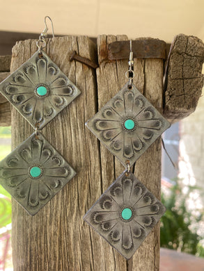 Double Concho - Silver Leather Earring