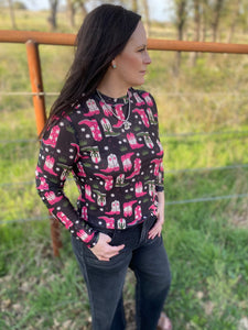 Pink Boot Print Mesh Top